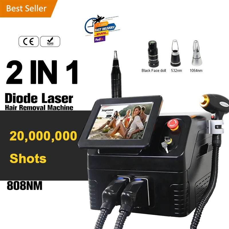 2 in 1 painless dual handle diode laser 808nm q switch hair removal Yag Laser freezing point titanium beauty machine
